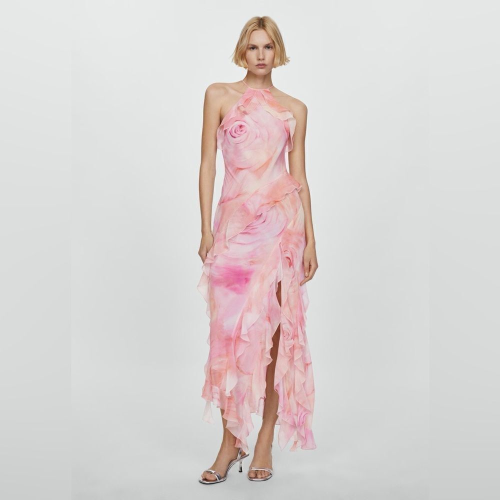 Mango rose floral halter neck ruffle dress